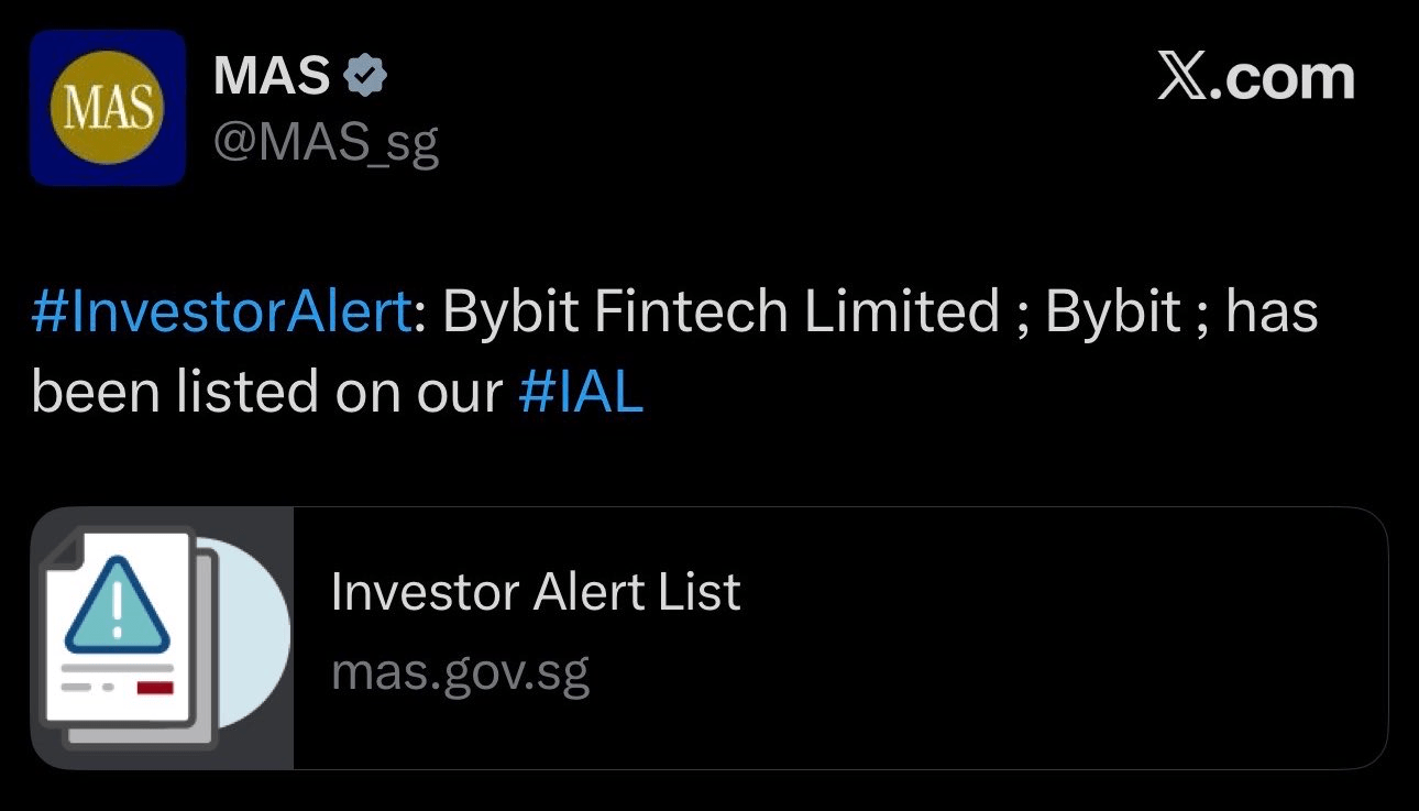 Пост регулятора MAS о внесении Bybit в список предупреждений