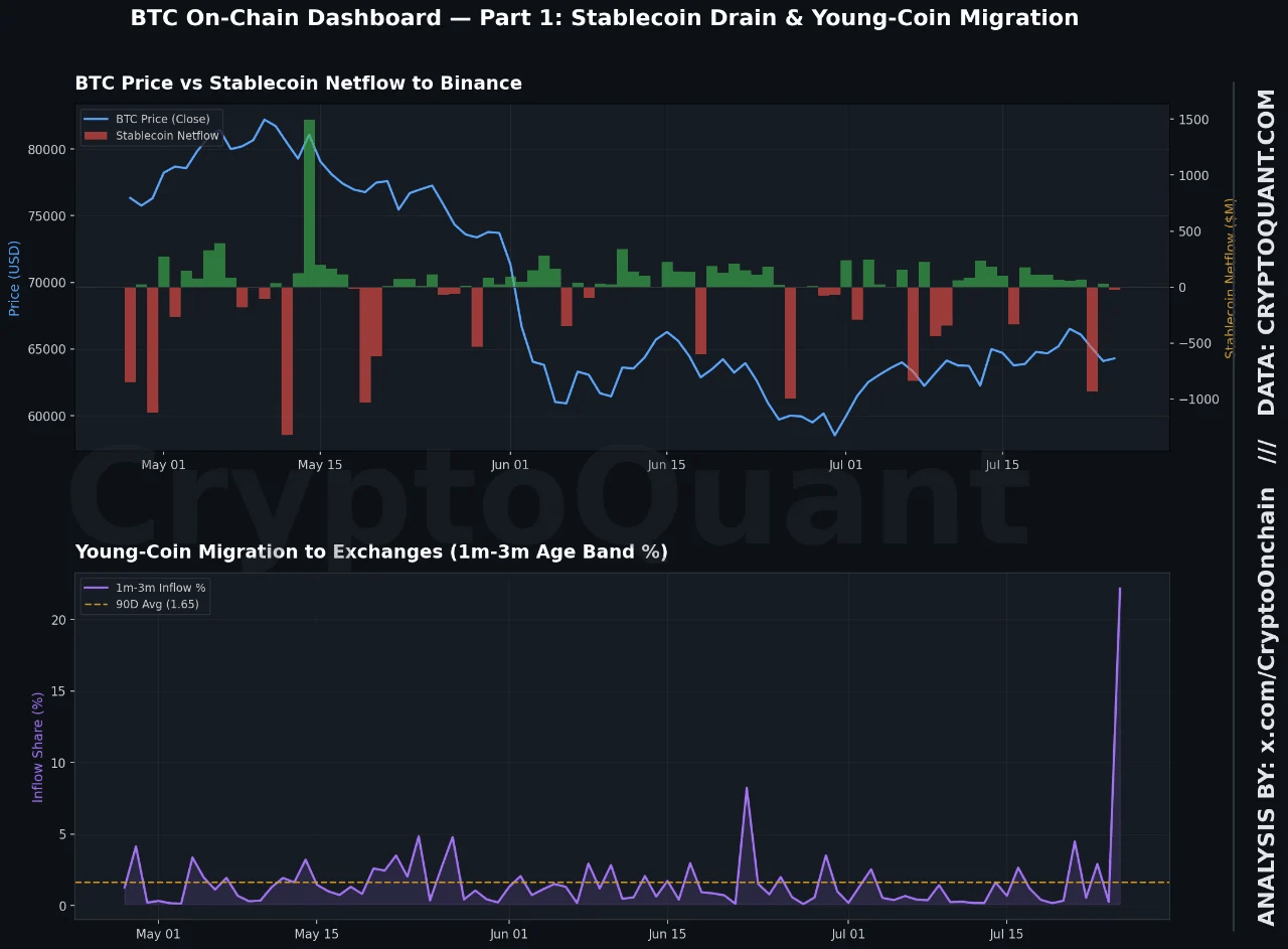 Дашборд из двух графиков: чистый приток стейблкоинов на Binance и миграция молодых монет на биржи.